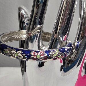 Jiu Long Xing Cloisonné Bangle Cuff Bracelet Spring Hinge Blue Enamel Floral but